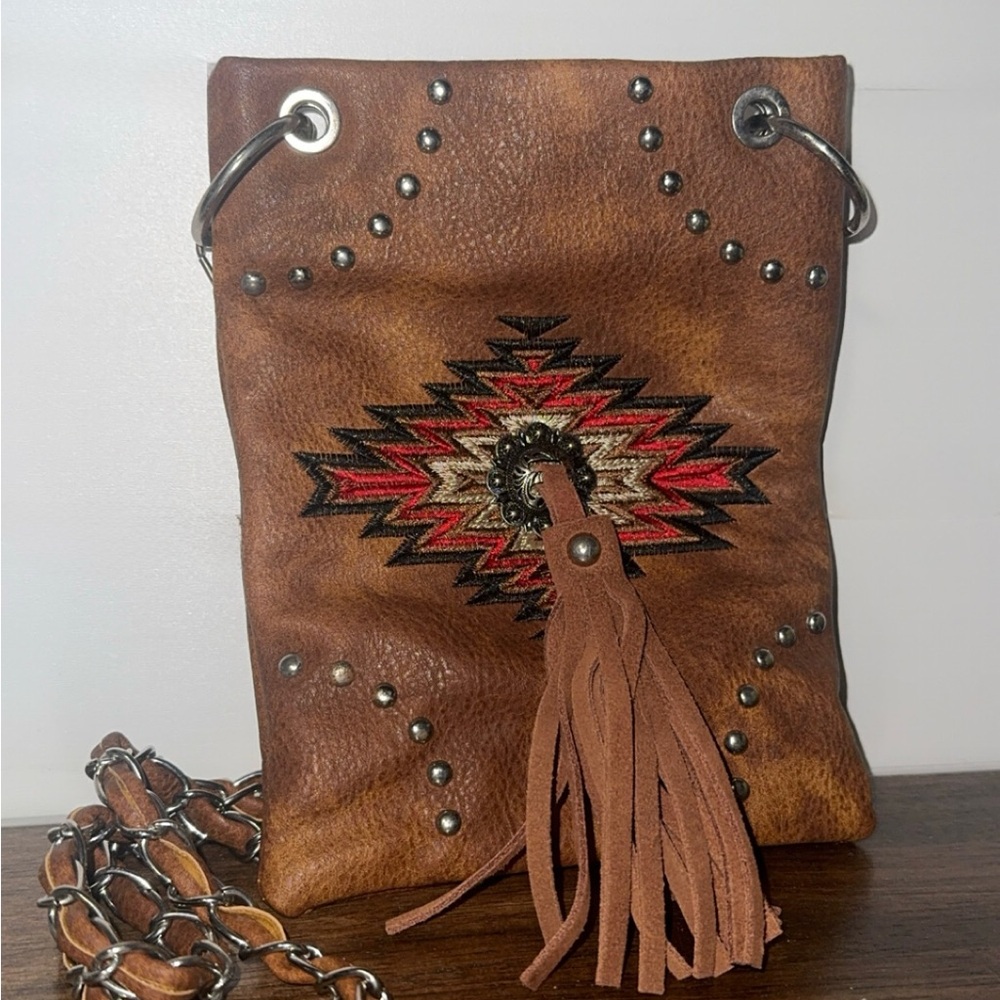 Brown Faux Leather Crossbody Bag with Fringe